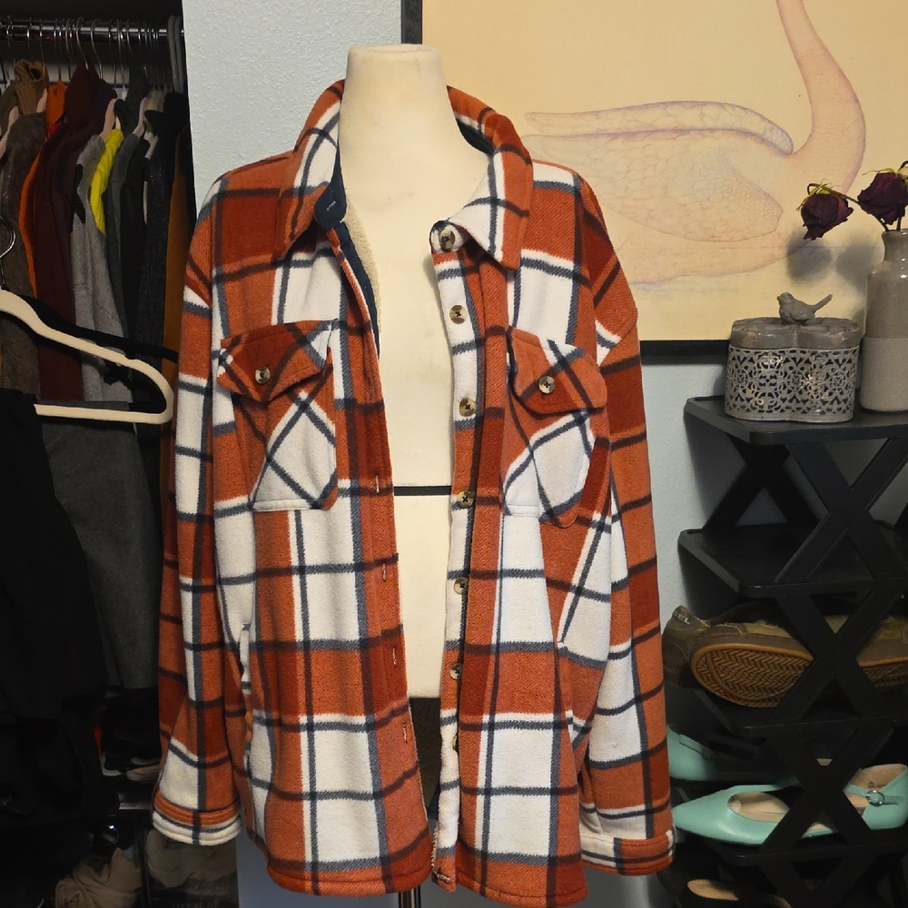 SAGE Red Cream Flannel Jacket Sherling Lined Women's XXL - Picture 1 of 7